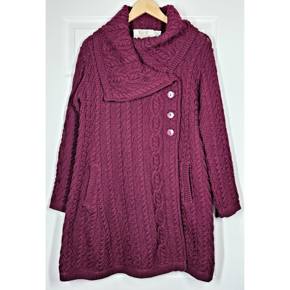 Aran Sweater Market Women M Merino Wool Irish Fisherman Sweater Coat Cable Knit
